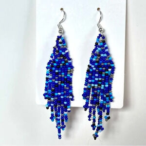 Western Beaded Handmade Tassel Fringe Blue Earrings